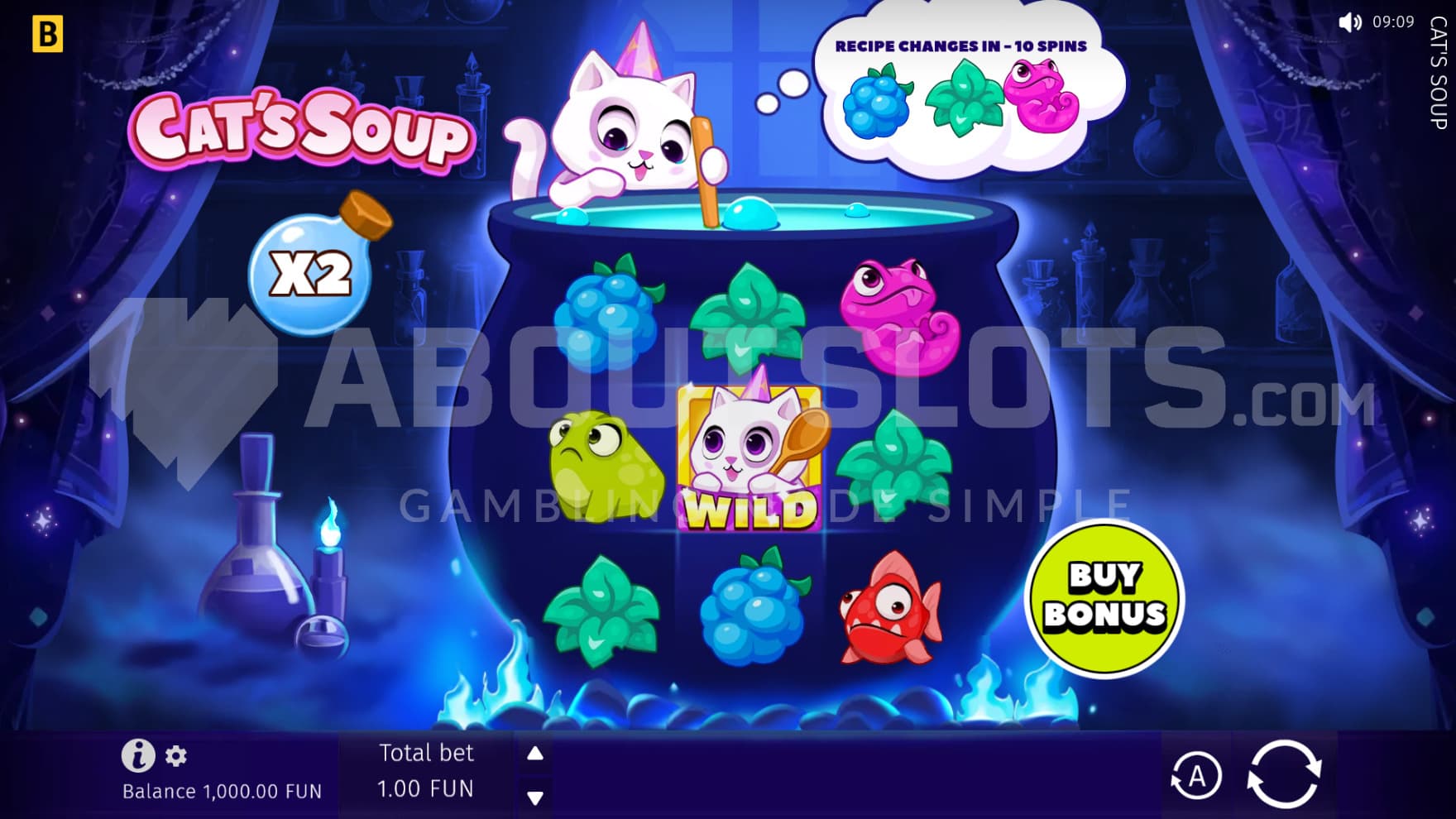 The cat wizard stirs the cauldron as you play