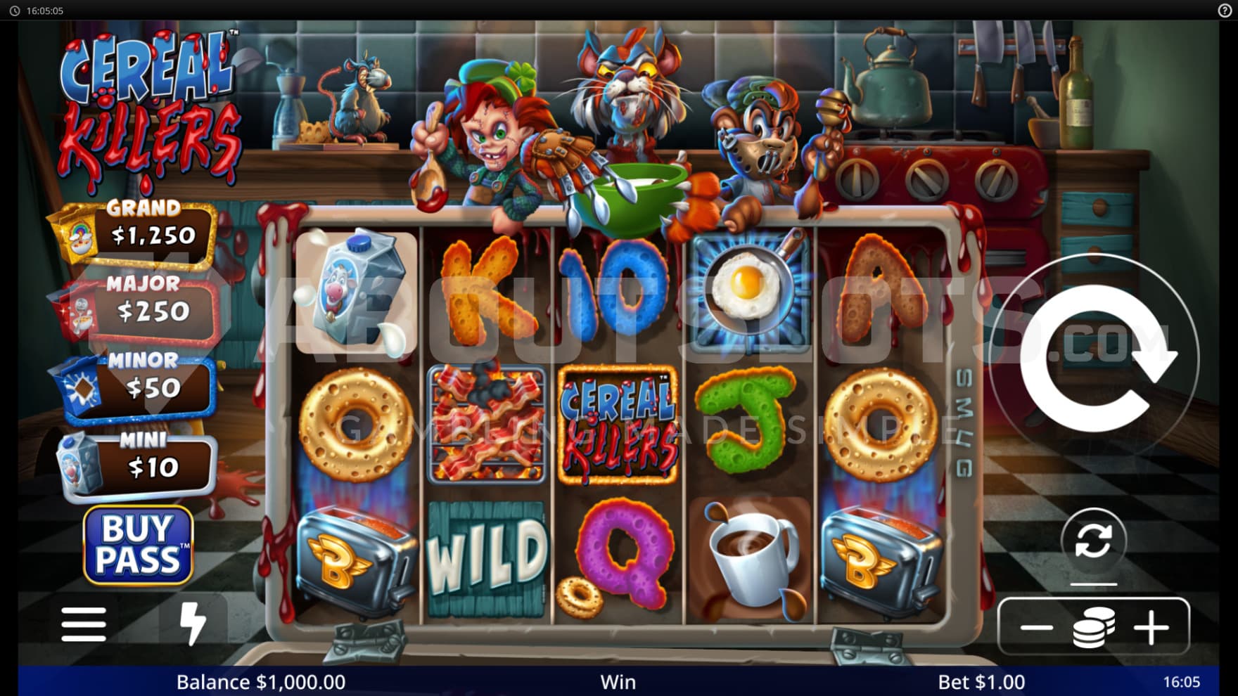 The cereal killer mascots sit above the reel as you play