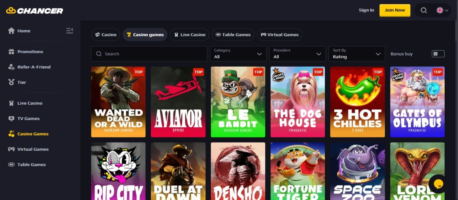 Chancer Casino games page with the colorful slot game icons, side navigation menus and game categories at the top