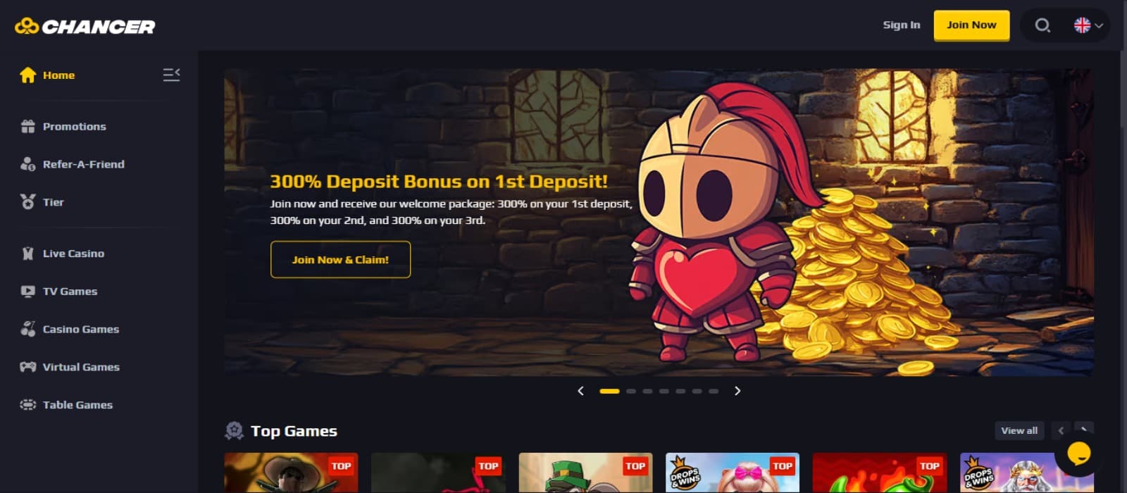Chancer Casino landing page with the welcome bonus offer banner, side navigation menus and top game icons below