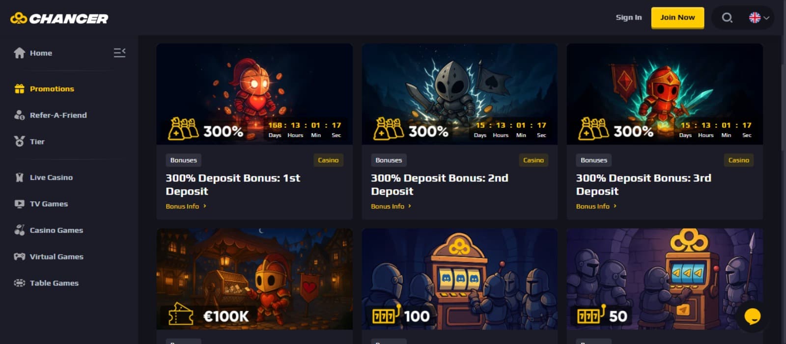 Chancer Casino promotions page with the bonus offer banners and side navigation menus