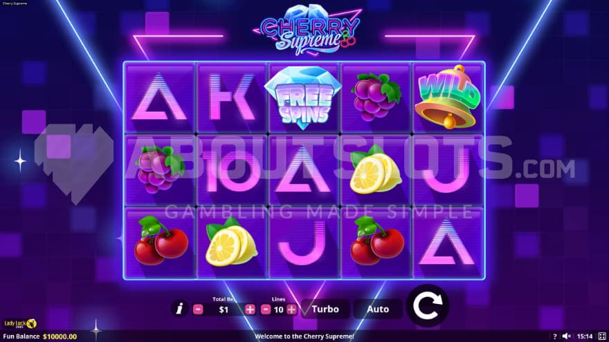 The game is set in a neon world with various fruit symbols crowding the reels