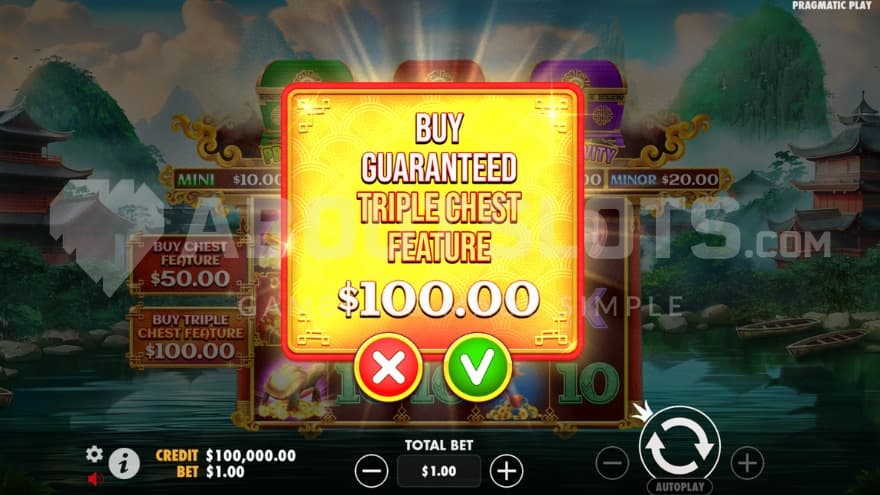 A sign showing the cost for the Triple Chest Feature Buy on top of the regular playing grid