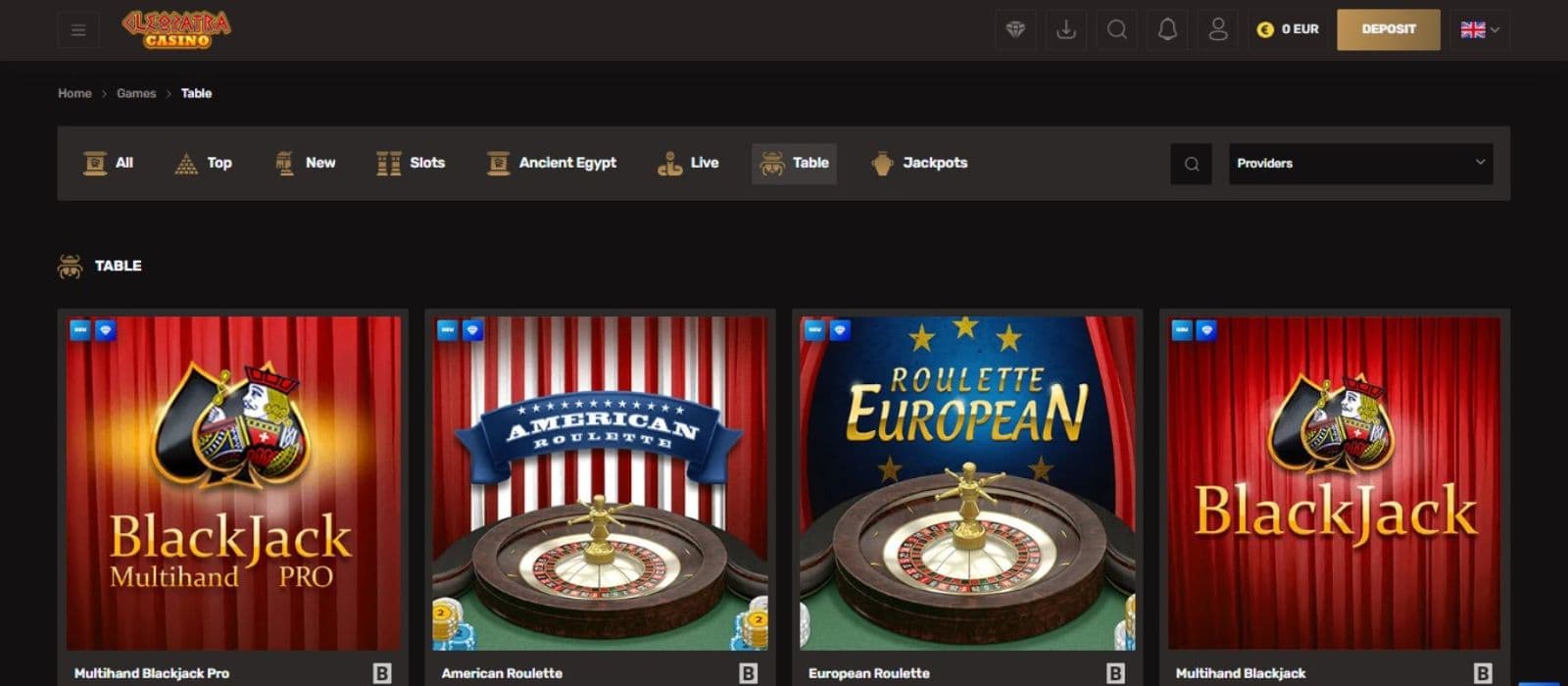 Cleopatra Casino's table games section, showing variations of roulette and blackjack.