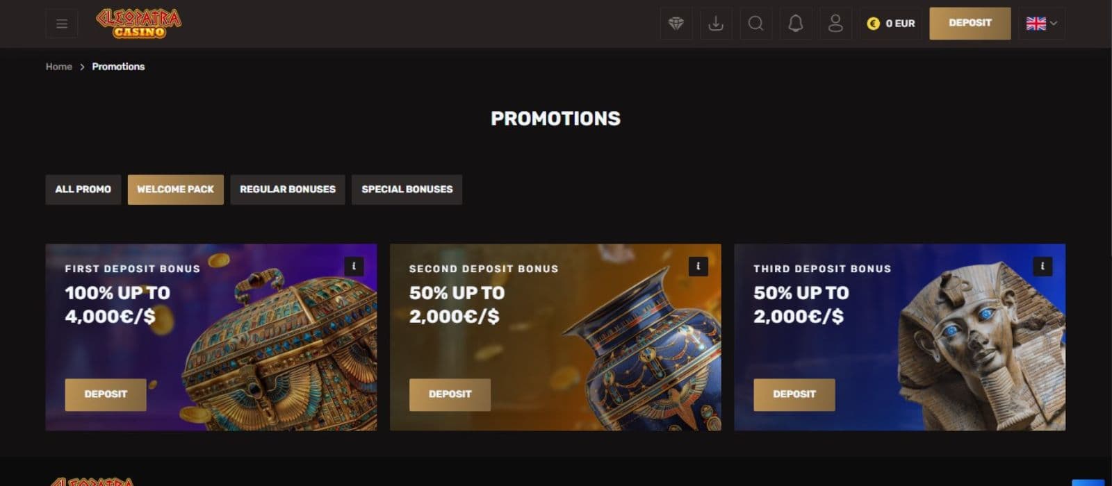 Cleopatra Casino's promotions, showing the first, second, and third deposit bonuses.