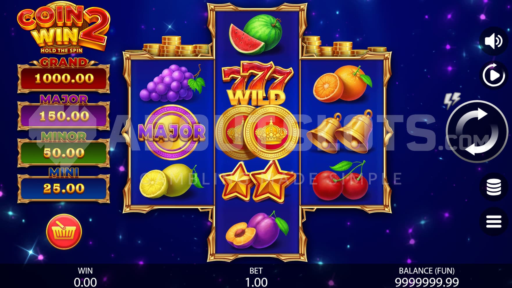 The base game is filled with fruit symbols and coins