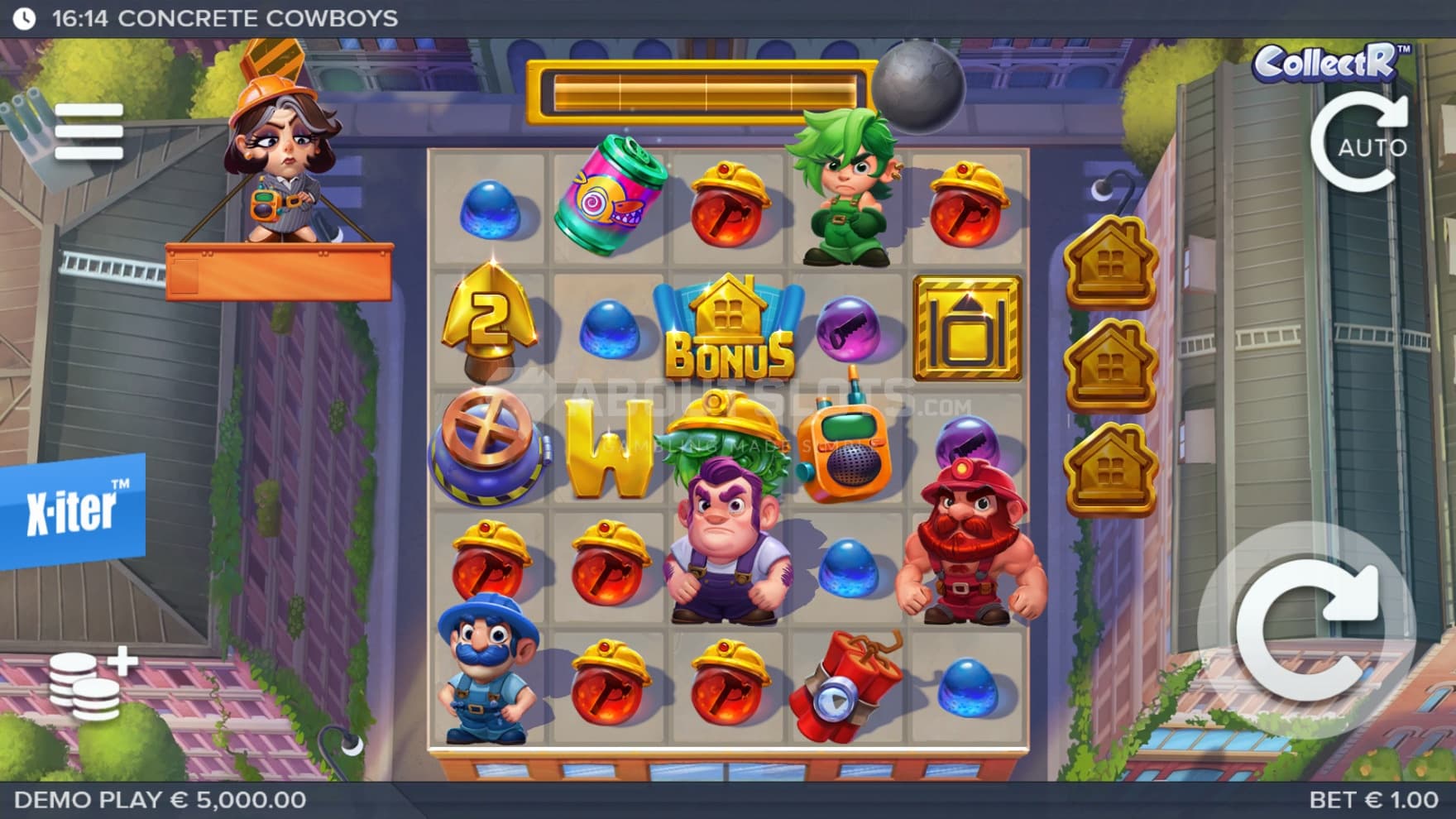 The funny collector characters are spread over the playing grid, with KR Karen managing the work site from crane