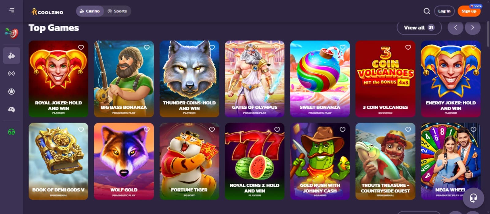 Coolzino Casino games page with the colorful slot game icons and side navigational panel