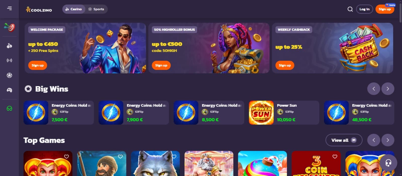 Coolzino Casino landing page with the bonus offer banners, game icons and side navigation options