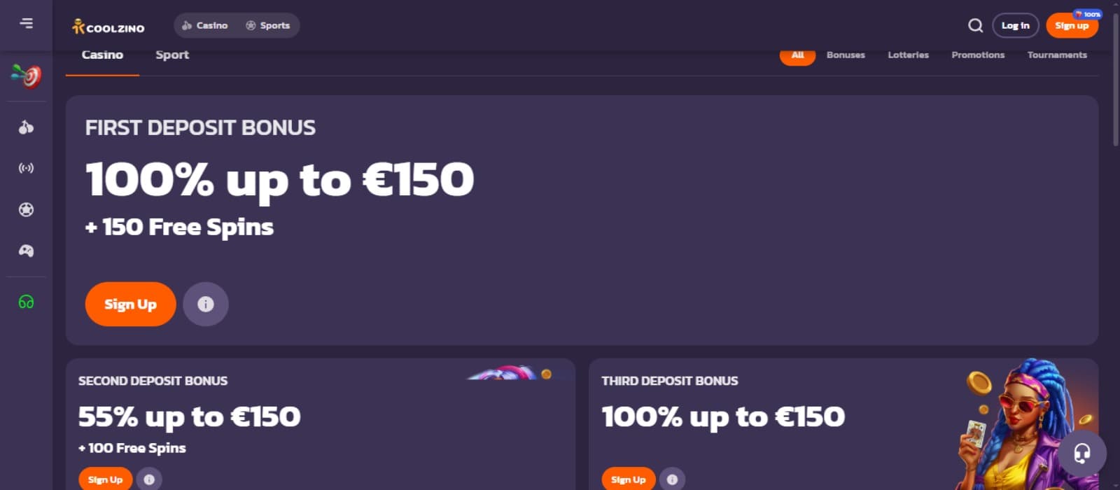 Coolzino Casino promotions page with the welcome bonus package banners and navigational panel