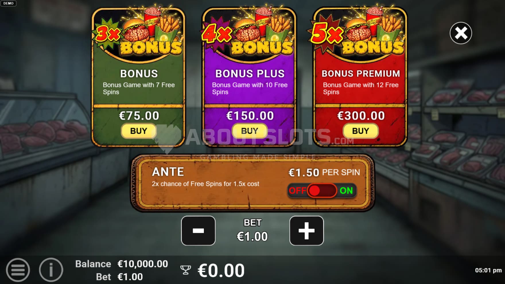 Choose between three different Feature Buys or an Ante Bet option for faster way to hit the bonus games