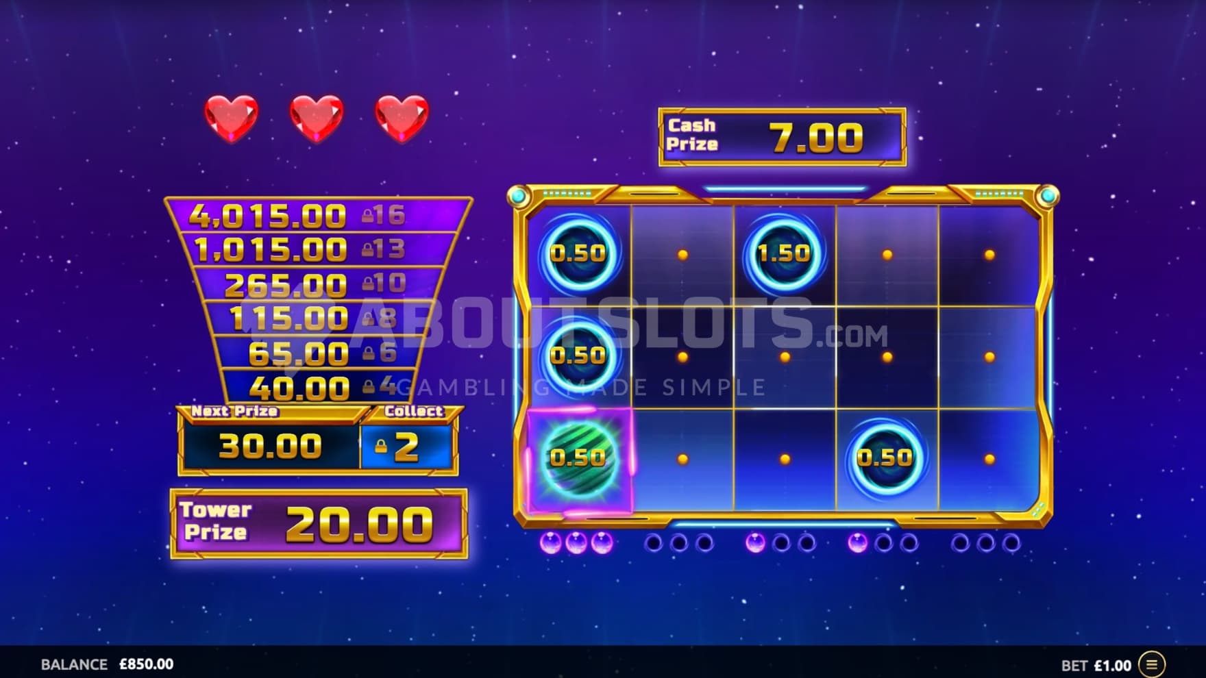 3 respins remaining (hearts)