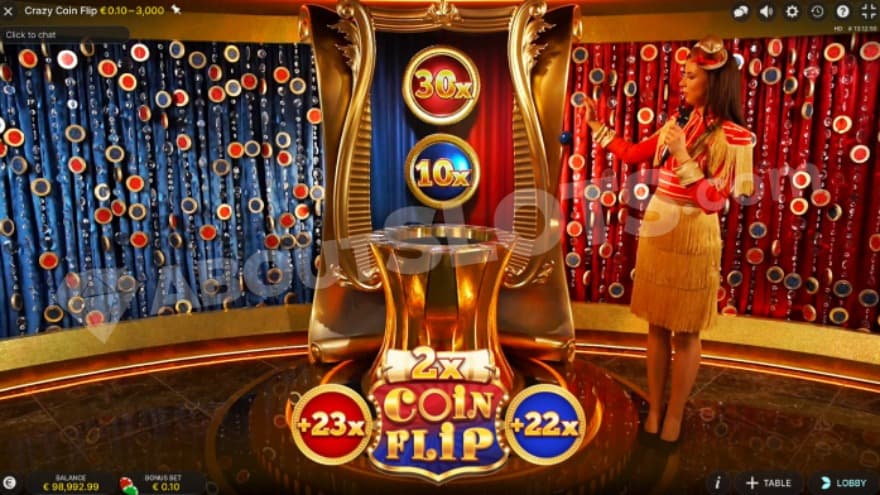 Coin Flip Bonus feature with a game host standing on the right side.