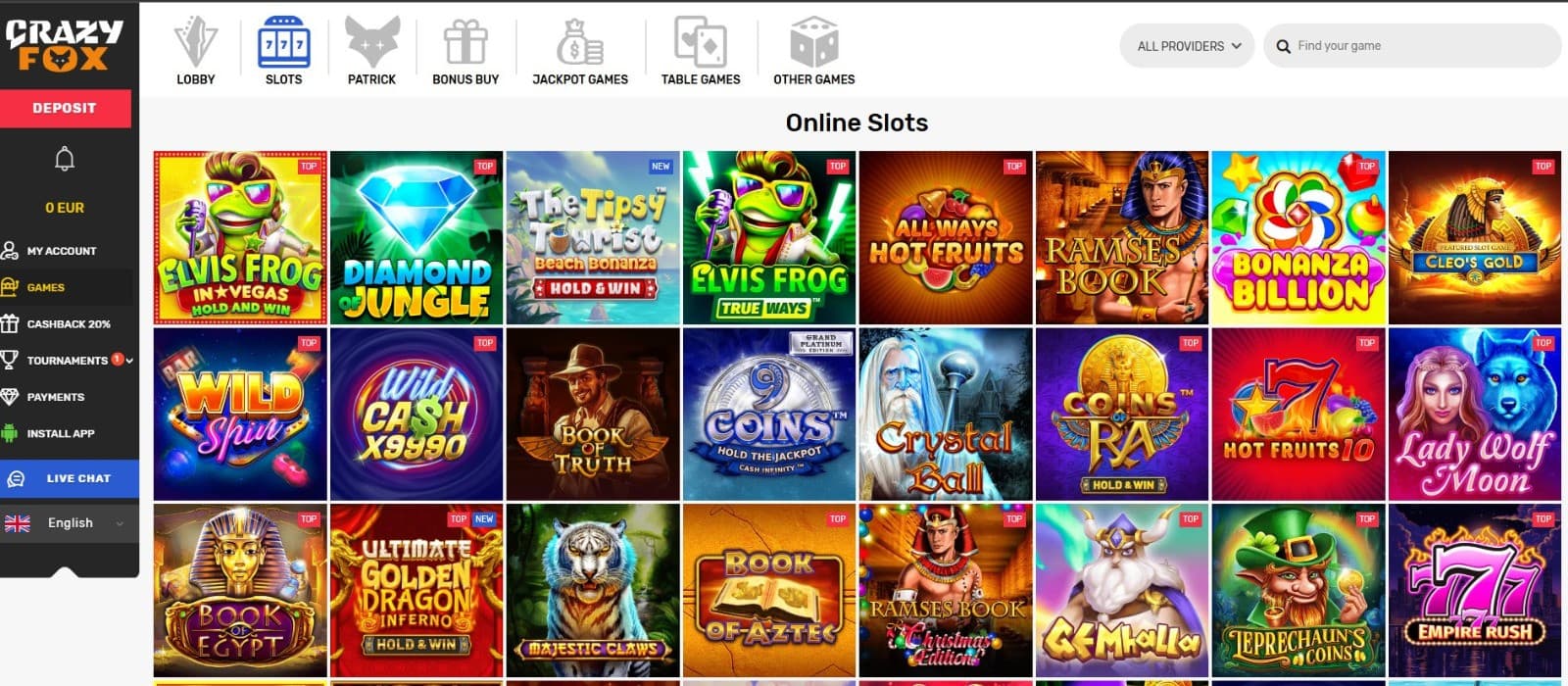 The games of Crazy Fox Casino displays a wide selection of slot games, such as Elvis Frog, Diamond Jungle, and more.