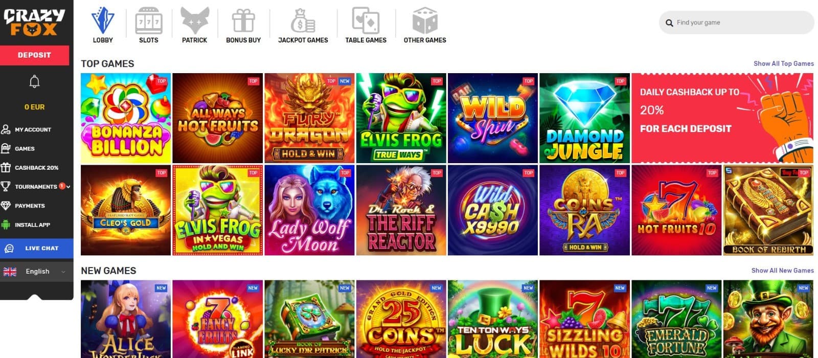 The landing page of Crazy Fox Casino shows the rich games lobby of the casino.