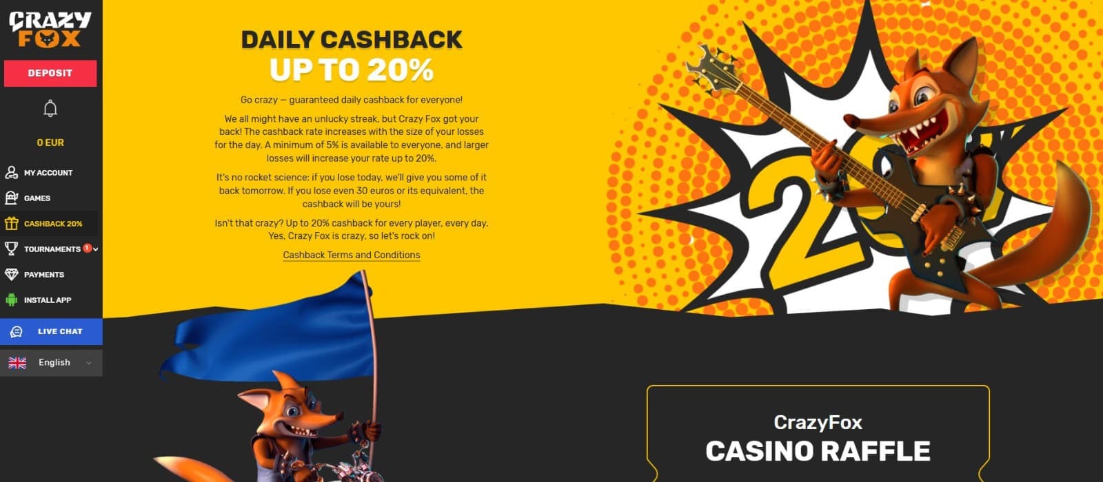 The promotions page of Crazy Fox Casino presents the daily cashback of 20% offered by the casino.