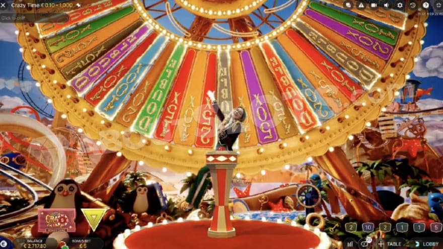 Crazy Time bonus feature being active presenting a massive multiplier wheel.