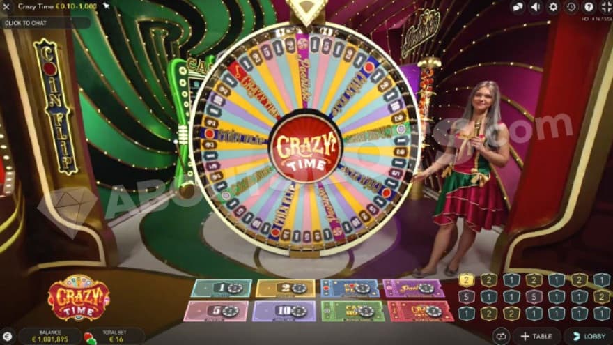 Money Wheel bonus being active with a wheel in the center and a host standing on the right side of it.