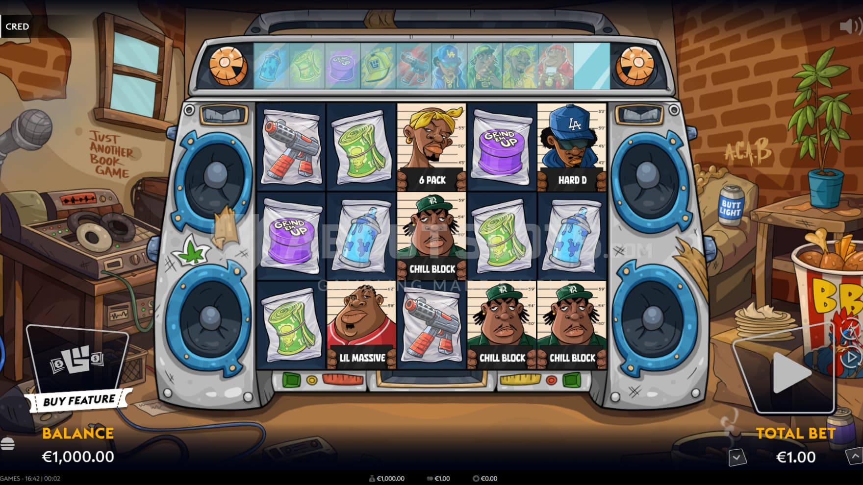 The base game is set in a basement, where the rap group chills and make tracks