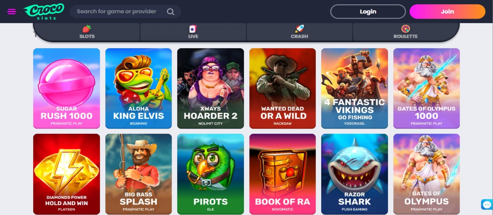 Crocoslots Casino games page with the colorful slot game icons, game filter menus and top navigation panel