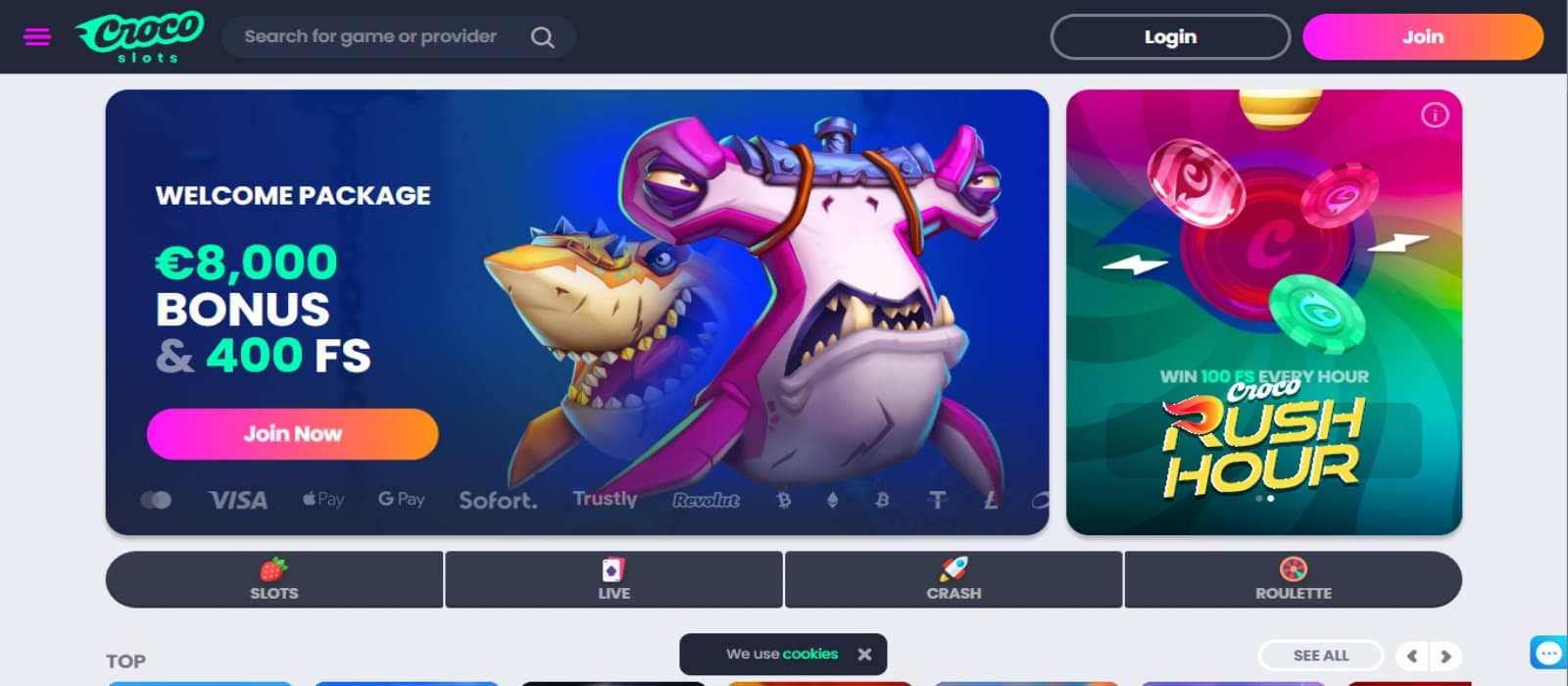 Crocoslots Casino landing page with the welcome bonus offer banner, rush hour promotions banner and top navigational panel