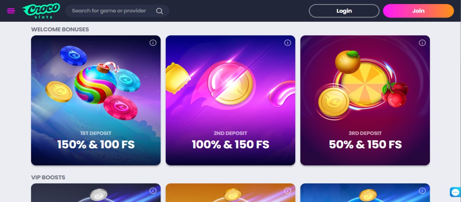 Crocoslots Casino promotions page with the welcome bonus offer banners and top navigational panel