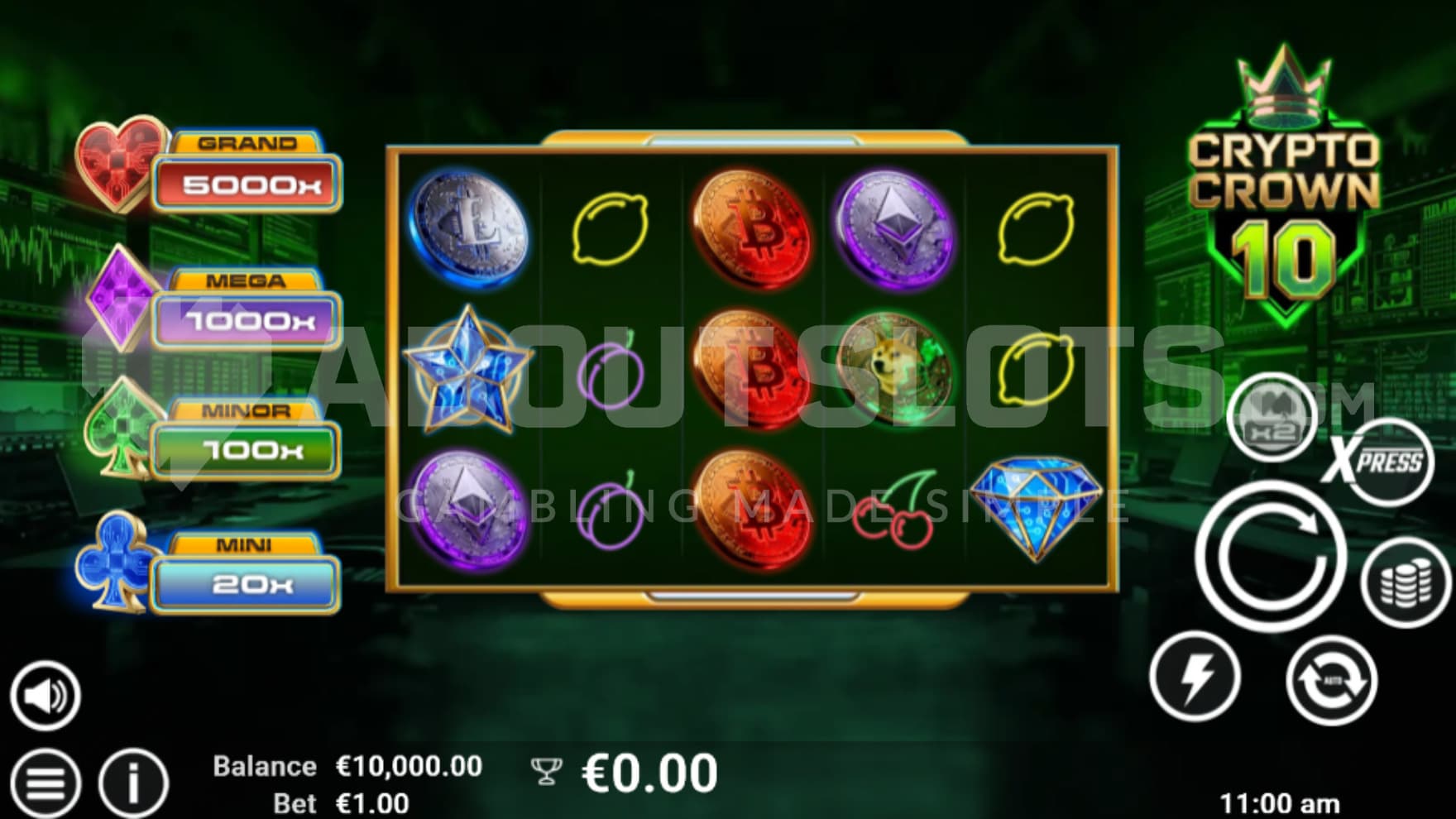 The base game is filled with fruit symbols and crypto coin symbols