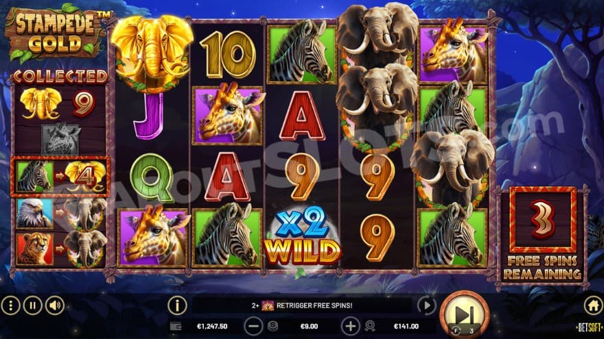 Free Spins bonus game with the collected golden elephants on the left.r