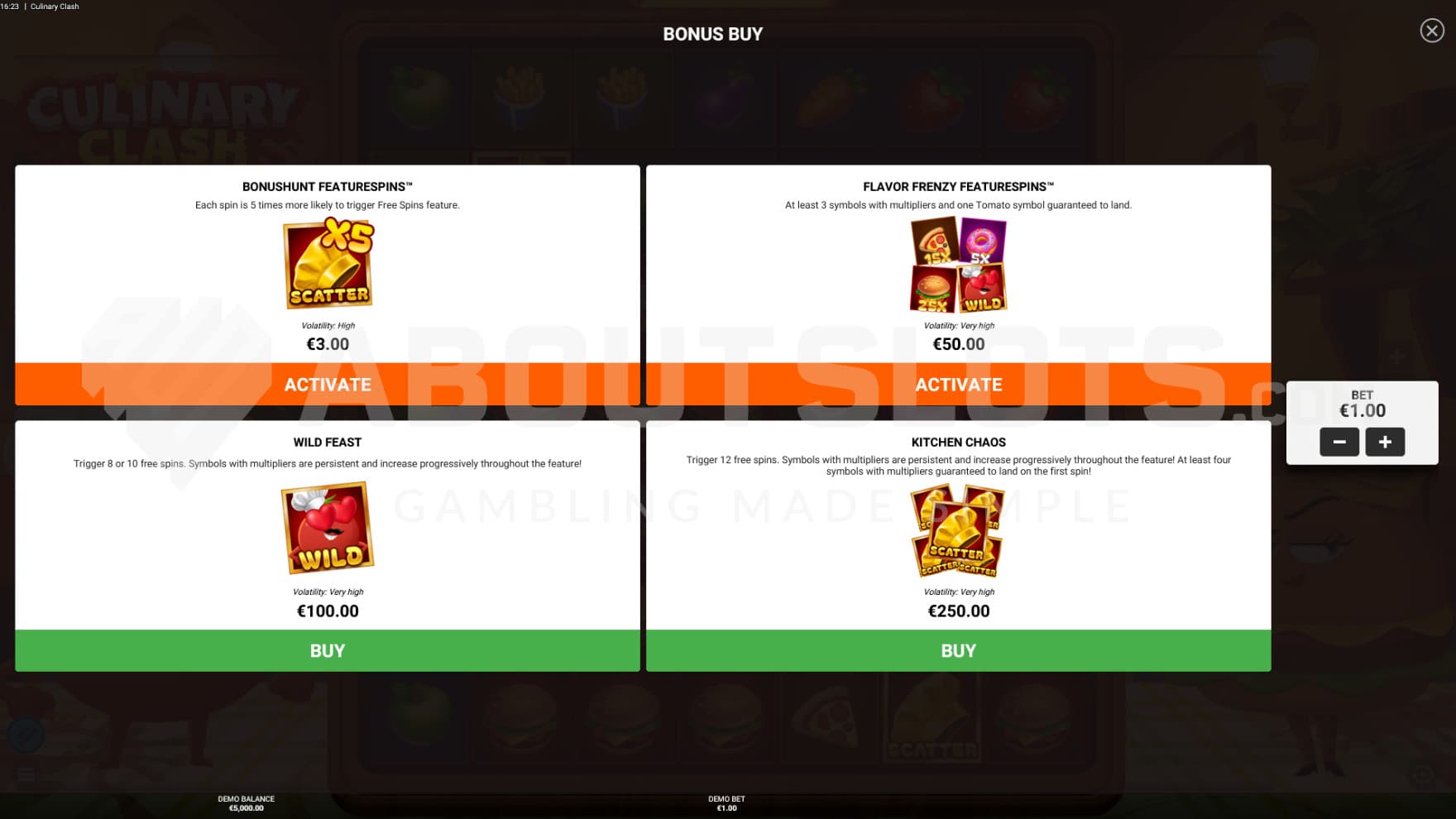 4 different Feature Buy options sits infront of the playing grid