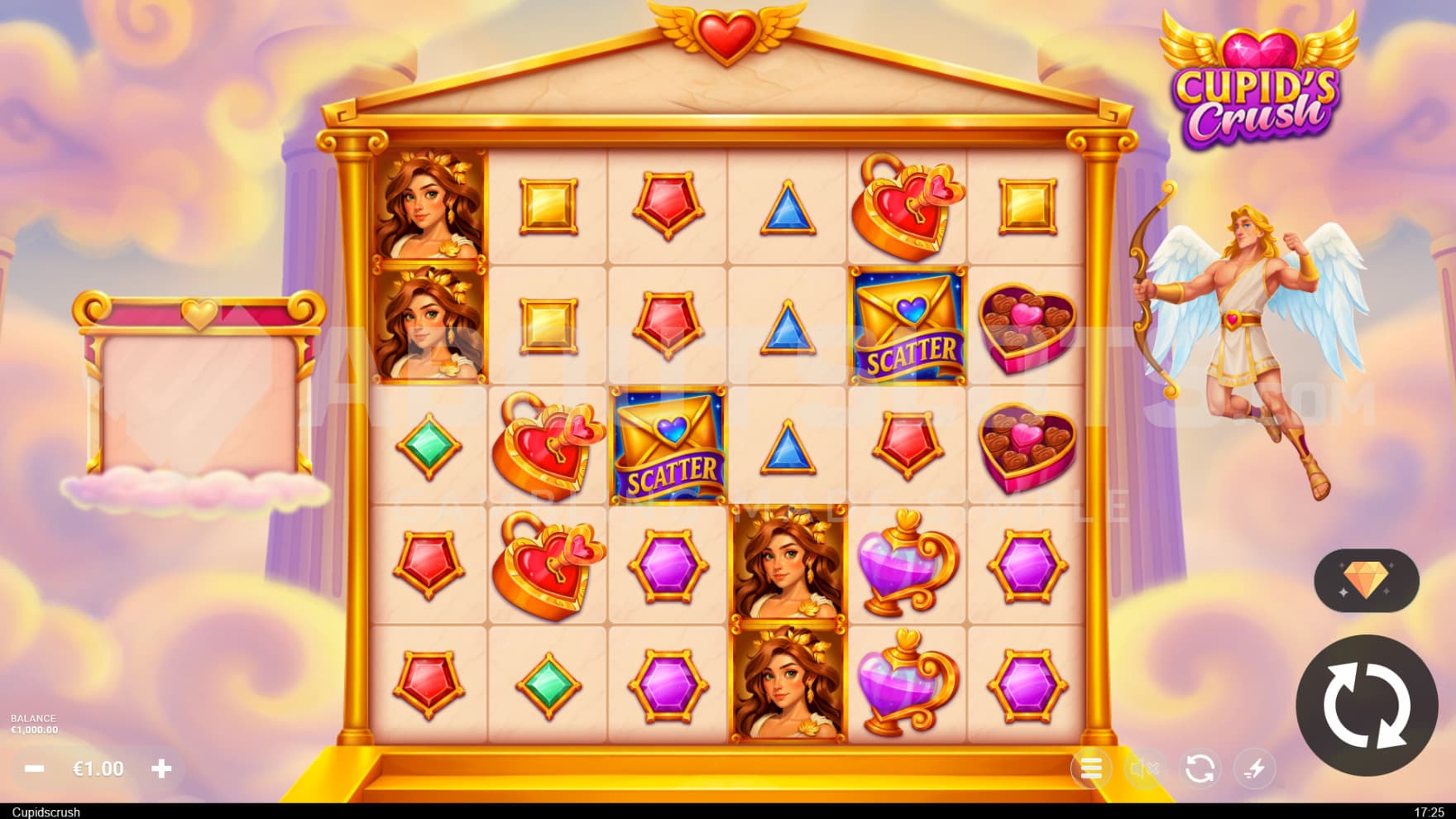 Cupid flies inbetween the clouds and next to the playing grid