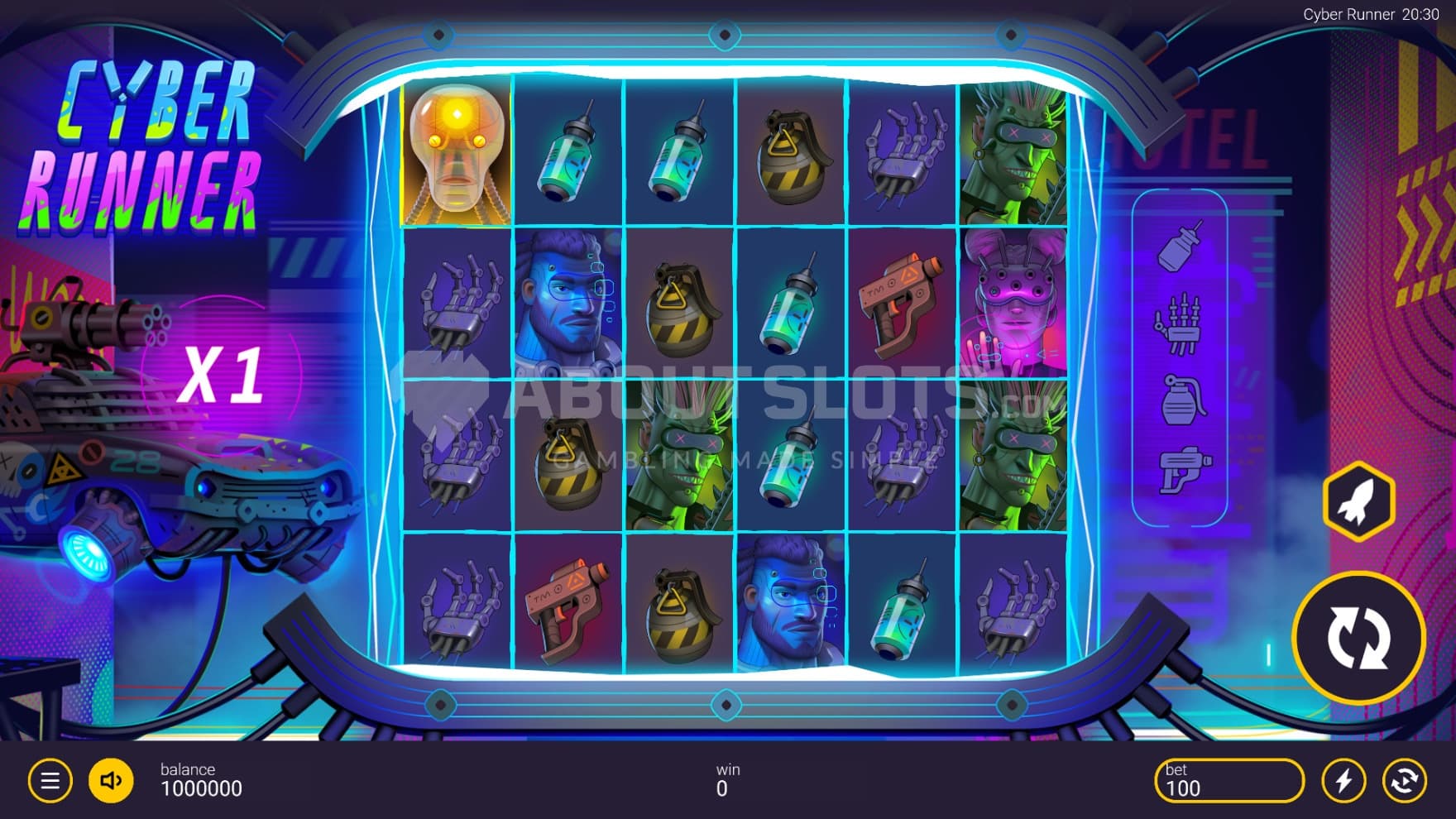 Set in a dark alleyway, the neon playing grid and its character light up the spins