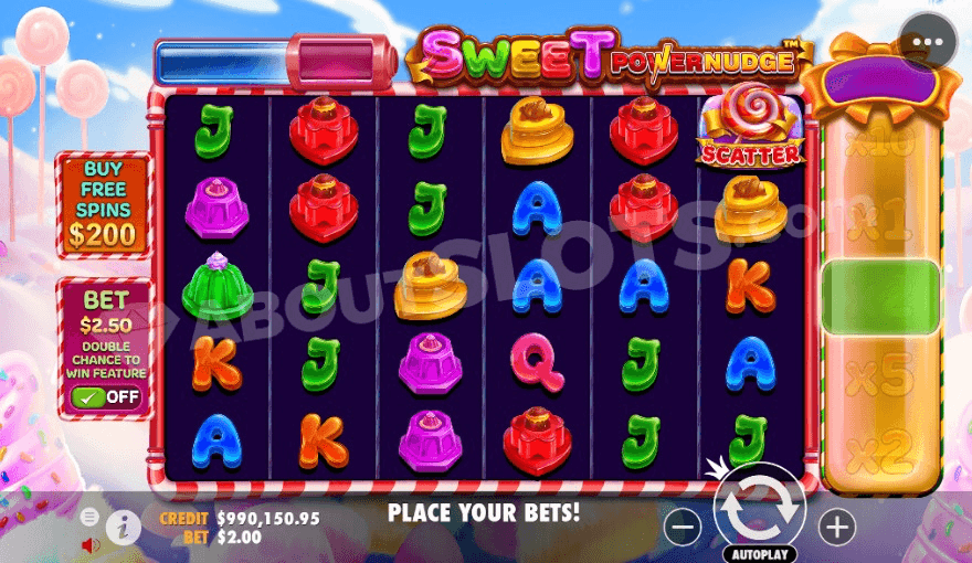 Grid of Sweet Powernudge slot with spinning reels and a cartoonish candy background.