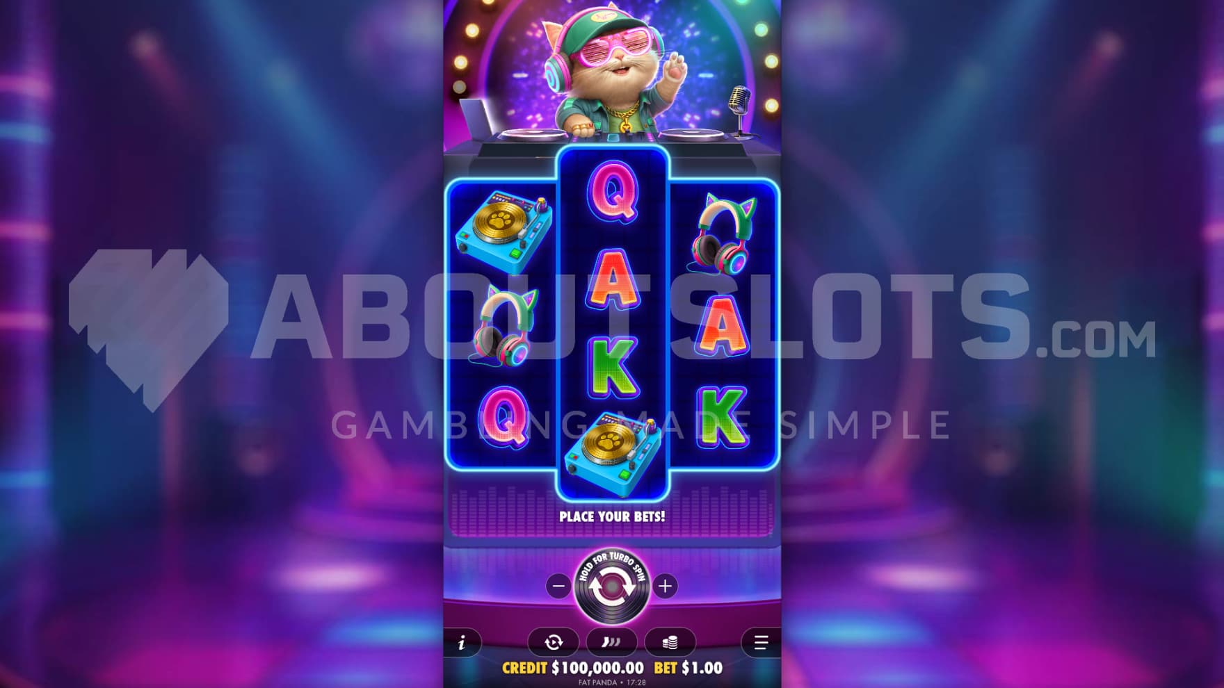 The DJ-ing cat sits above the reels as you play, making beats and tunes