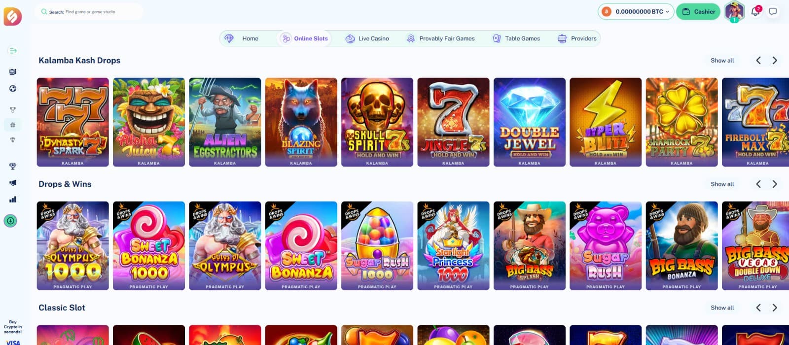 The games page of Dailyspins Casino displays the slot games, such as Gates of Olympus, Sweet Bonanza, and more.
