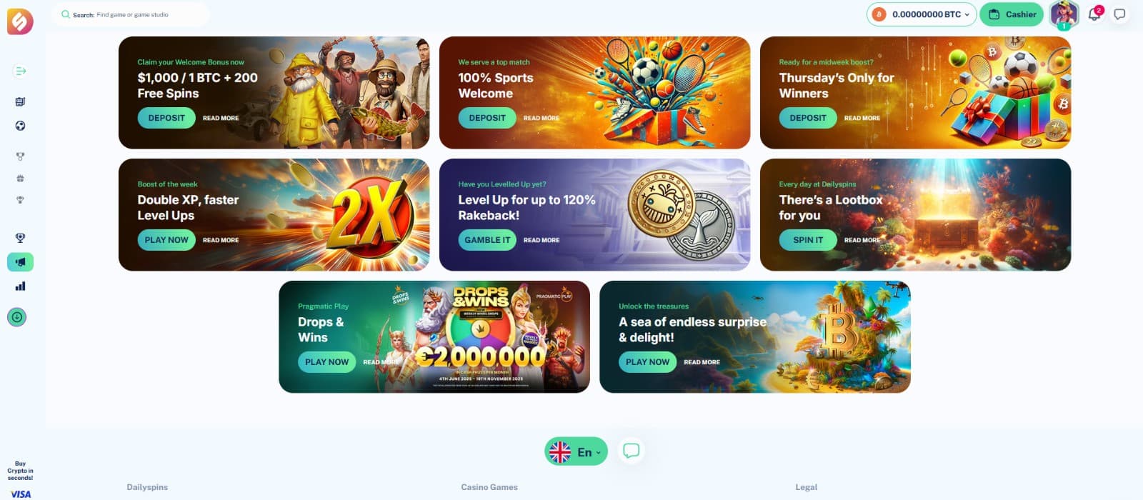 The promotions page of Dailyspins Casino presents the welcome bonus of 1000 euros and 200 free spins.