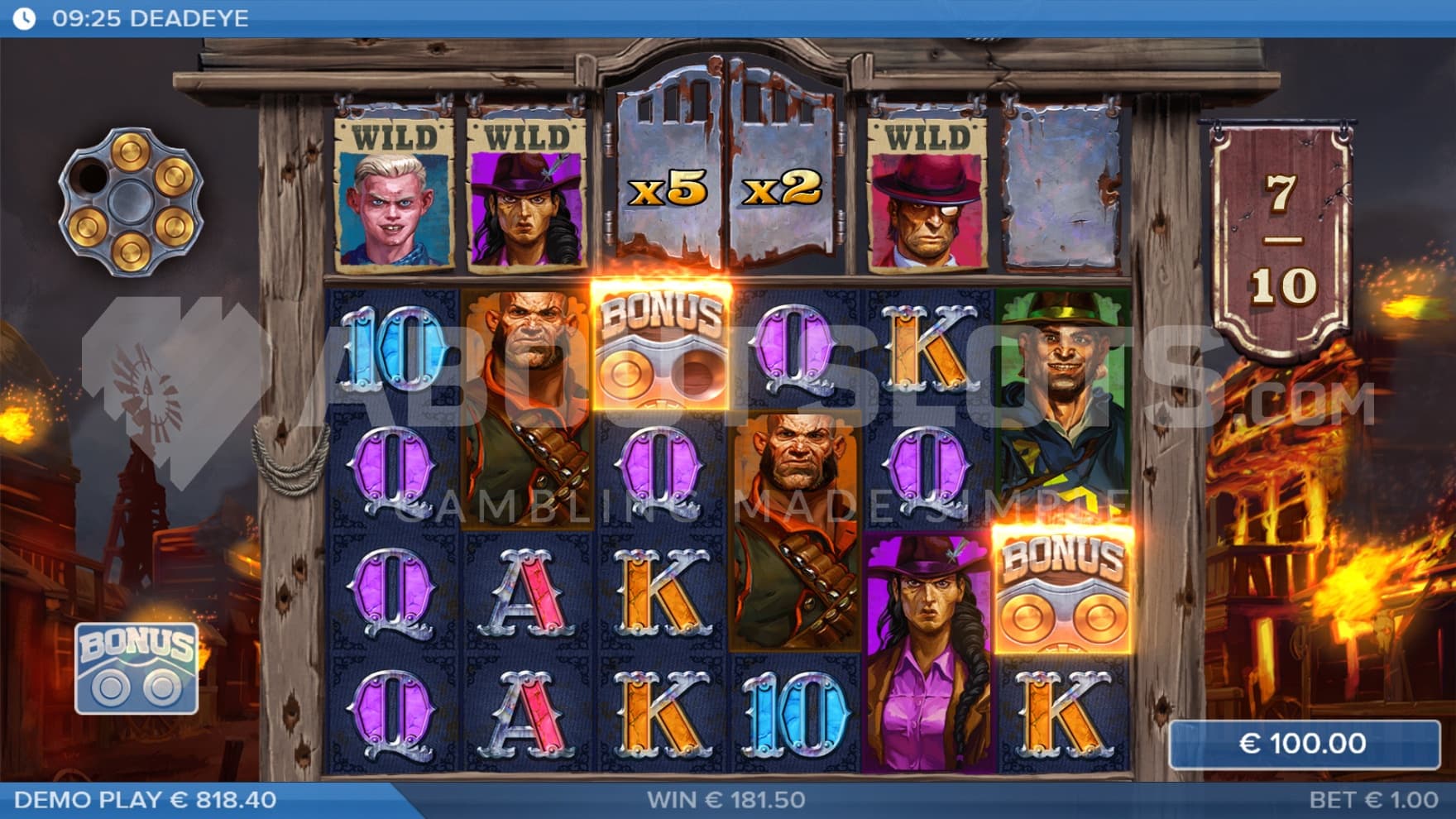 All hell breaks loose in the bonus game, where bullets, Multipliers, and Wilds fly all over