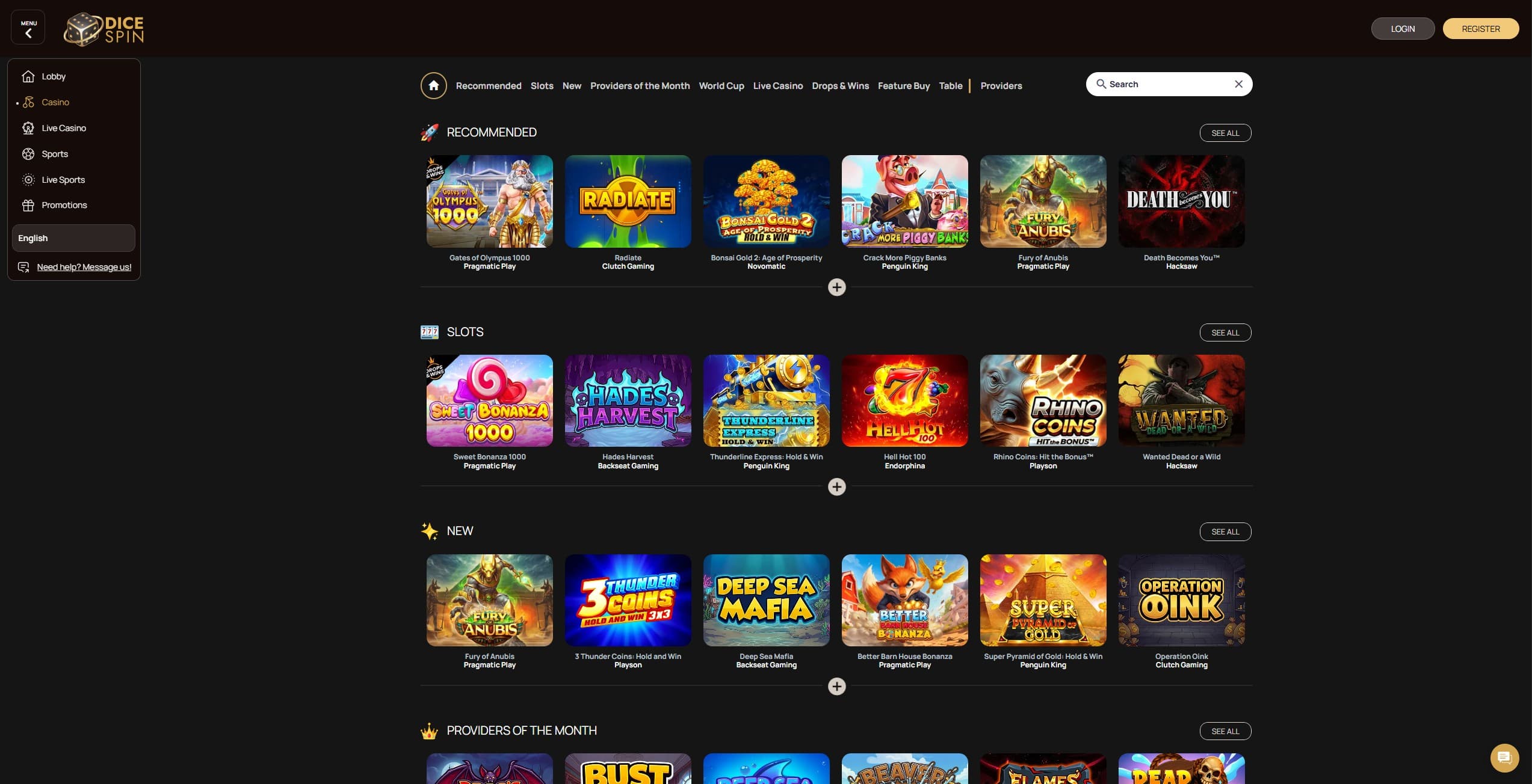 DiceSpin Casino Games Page showing a selection of slot games