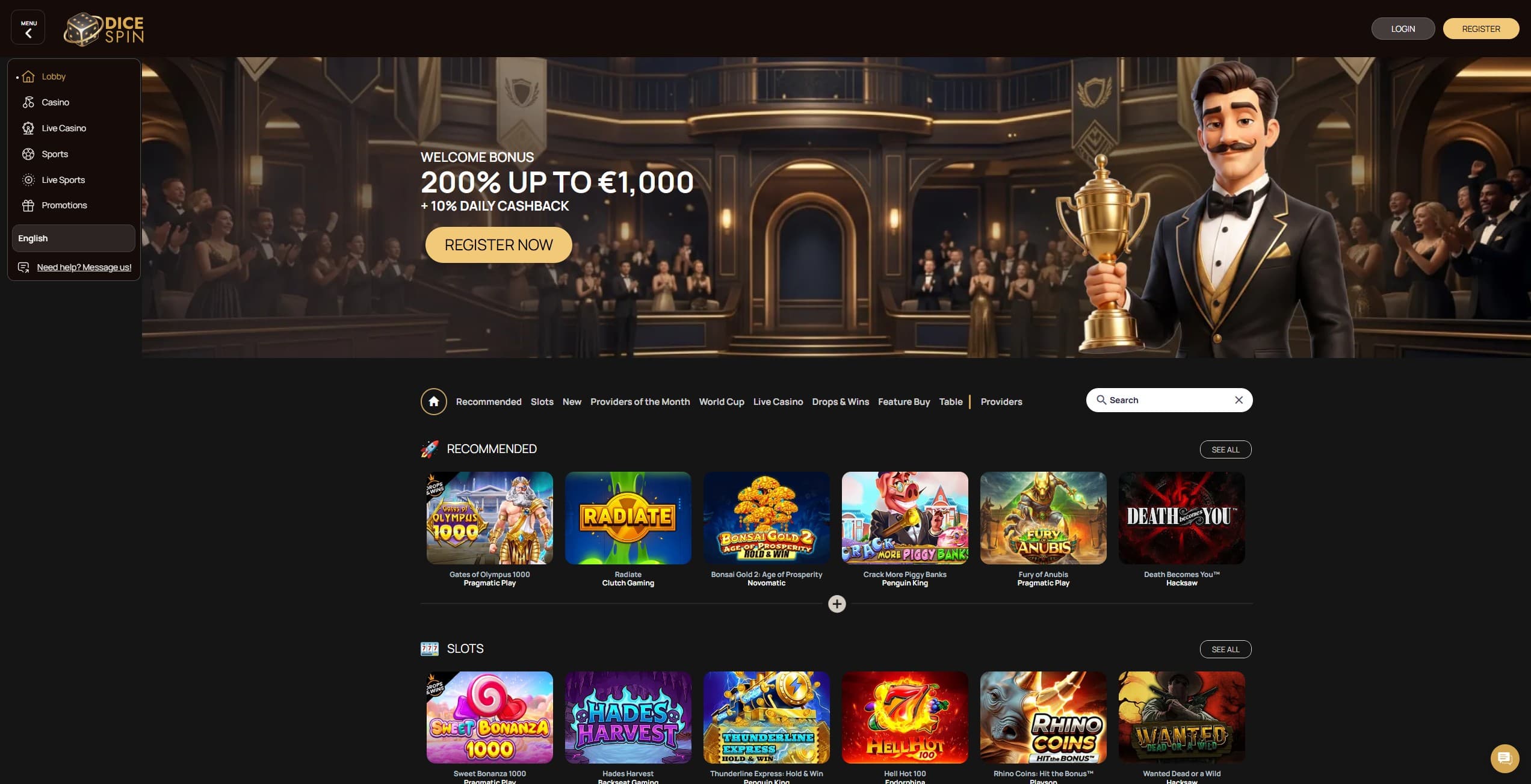 DiceSpin Casino Landing Page showing the main menu, a bonus offer and a selection of slot games