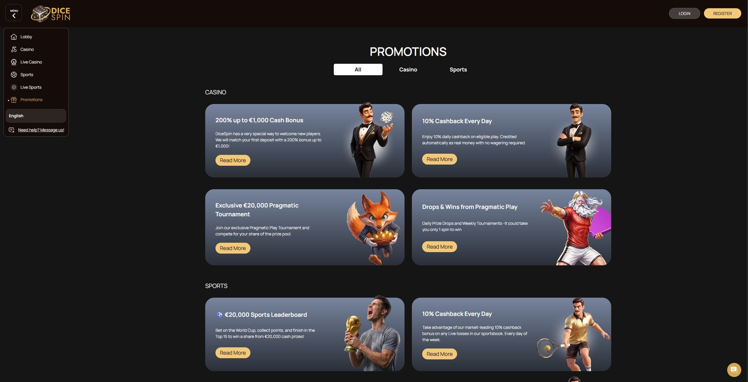 DiceSpin Casino Promotions Page showing the different bonuses and promotions