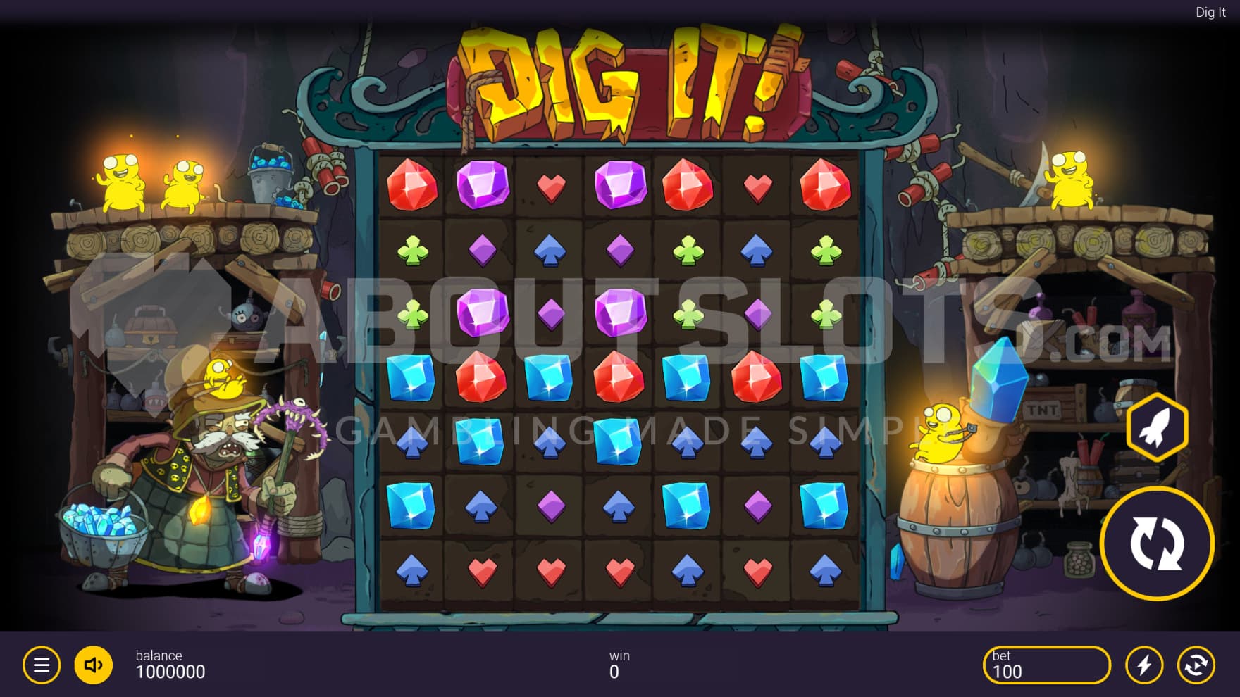 The crazy miner stands next to the playing grid while all the weird creatures stand around