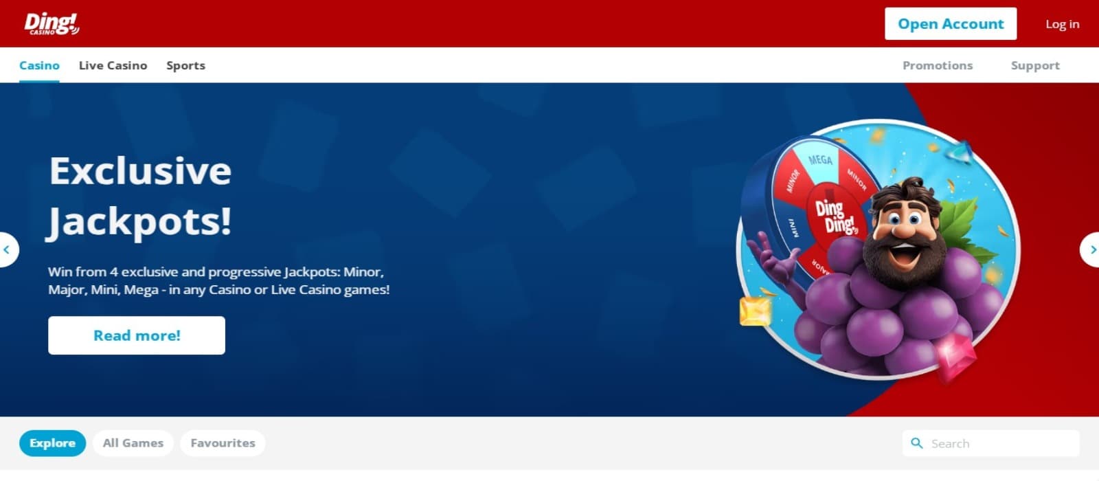Ding Casino landing page with the exlusive jackpot games banner and game category menus with the account opening option at the top.