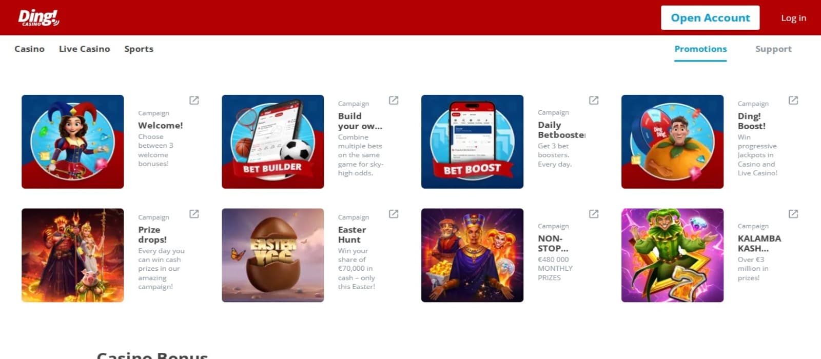 Ding Casino promotions page with the various promotions and bonus offer banners including welcome bonus offer and casino selection options