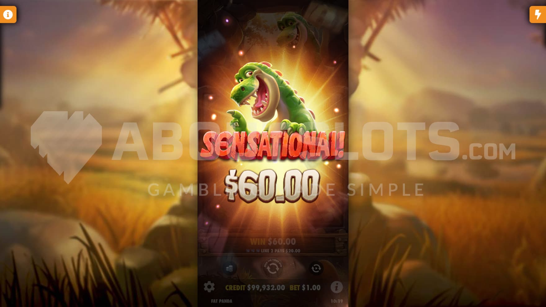 A win of 60X is hit and you're greeted by a Sensational WIn message