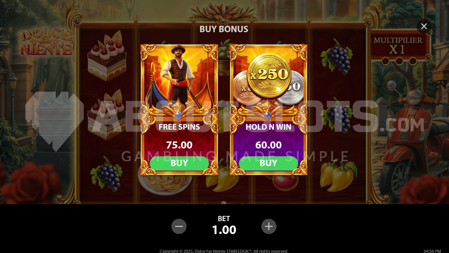 Two feature buy options sit infront of the reels