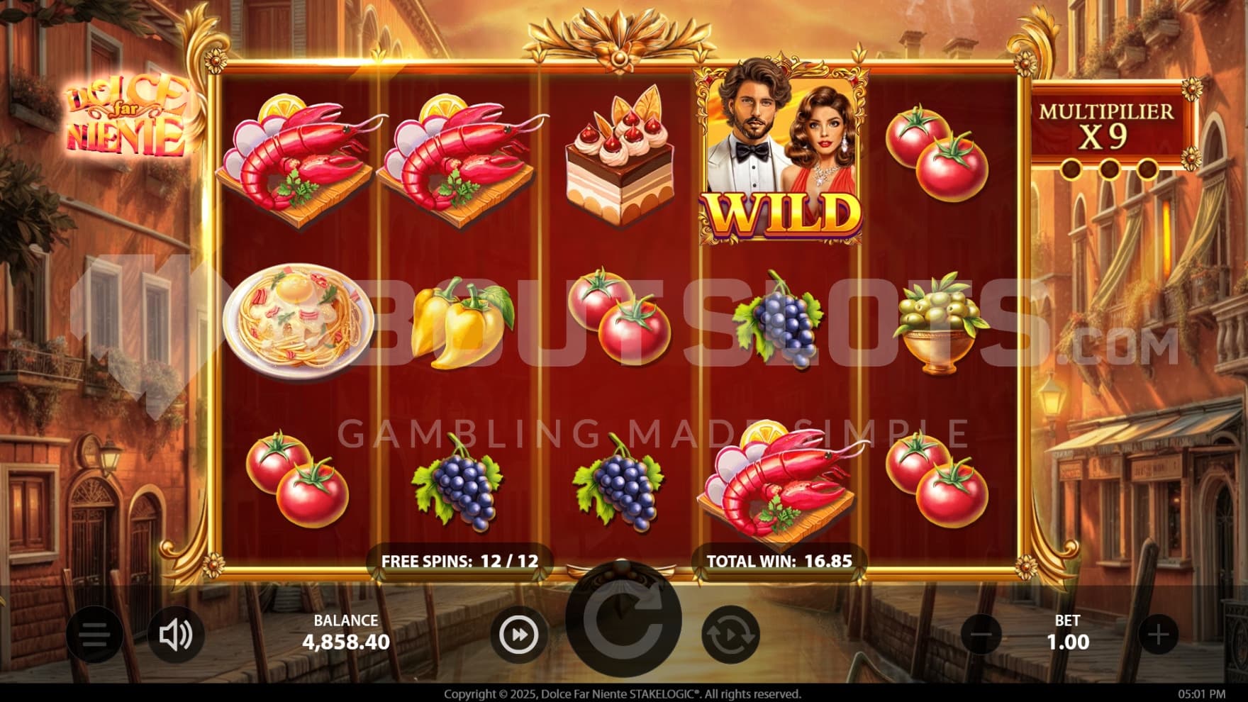 Now the game is set by a small river in the town during the Free Spins