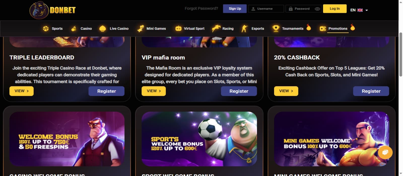 DonBet Casino promotions page with the various tournament and bonus offer banners with game categories above and top navigational menus