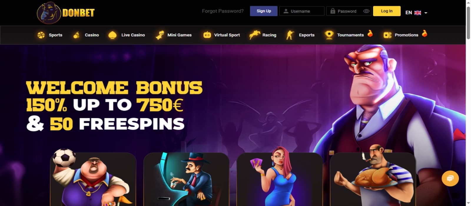 DonBet Casino landing page with the welcome bonus offer banner, game categories above and animated figures on the banner