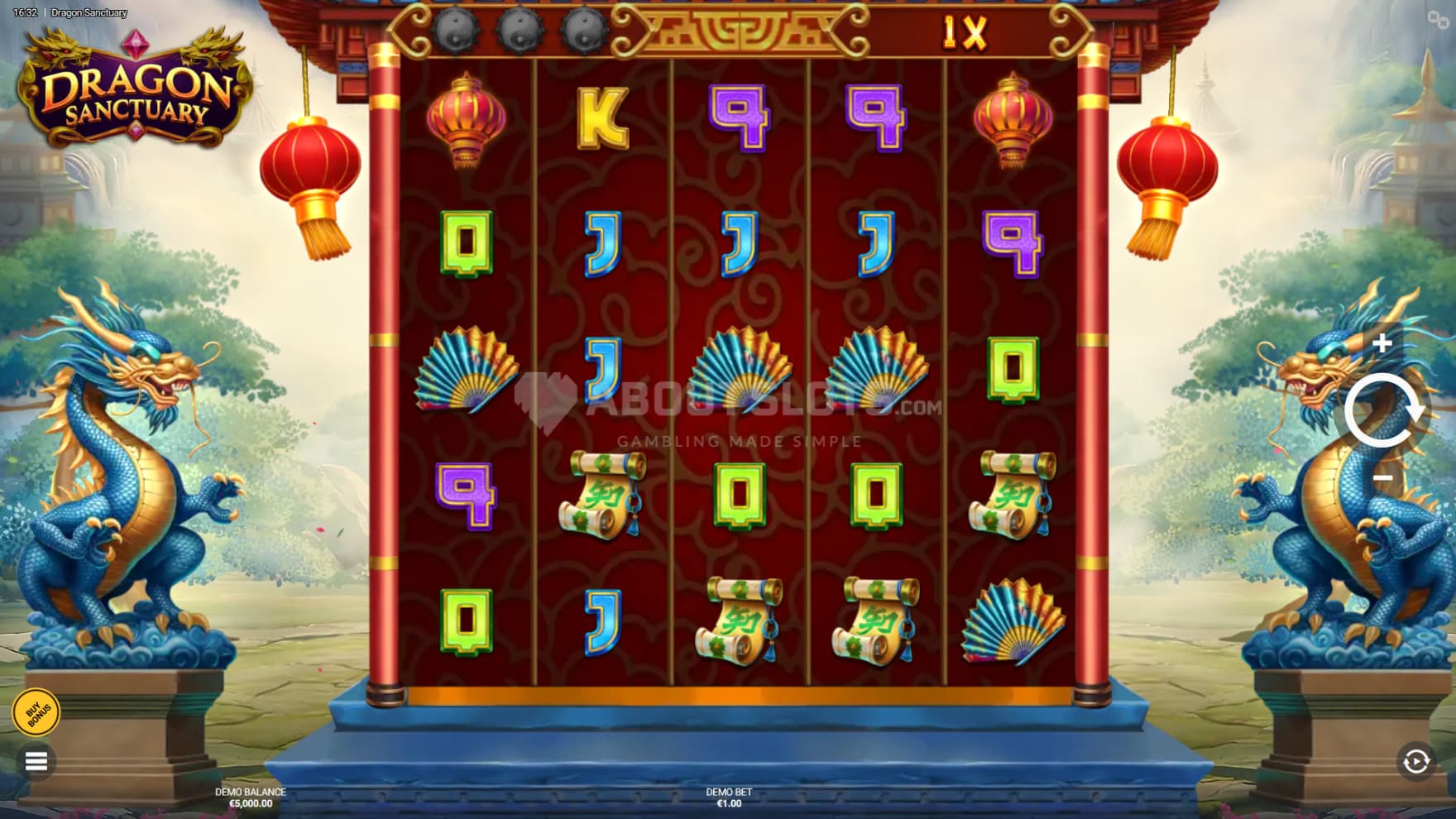 The backdrop of the game is a beautiful temple village, with two dragon statues next to the playing grid