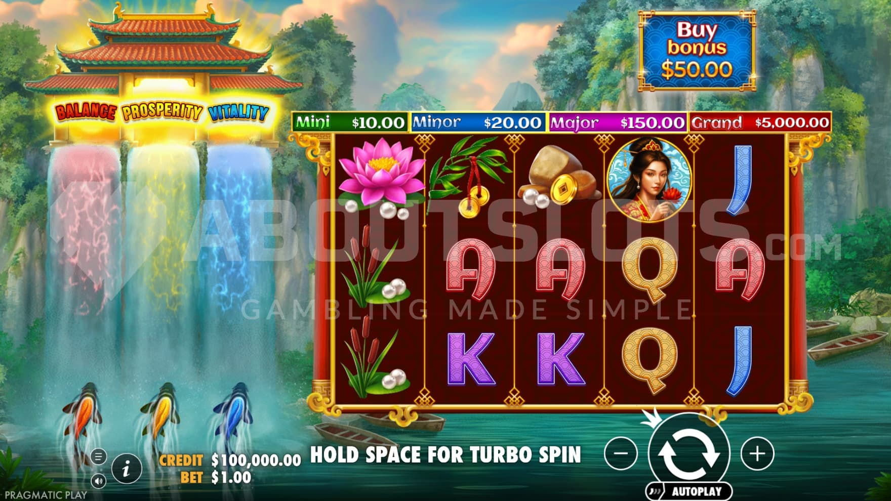 Set underneath a waterfall, the playing grid finds itself next to Koi Fish trying to transform into dragons