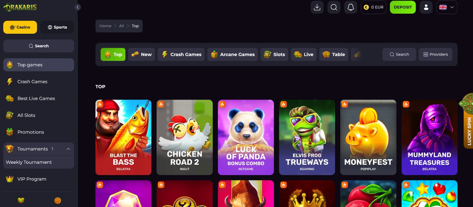 Drakaris Casino games page showing the slot lobby, game categories, search bar, and featured casino games.